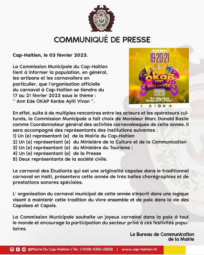 Communiqué de presse Carnaval Cap Haitien